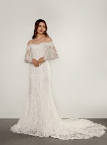 off-shoulder fit & flare lace wedding dress