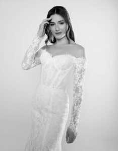 off-shoulder fit & flare lace wedding dress
