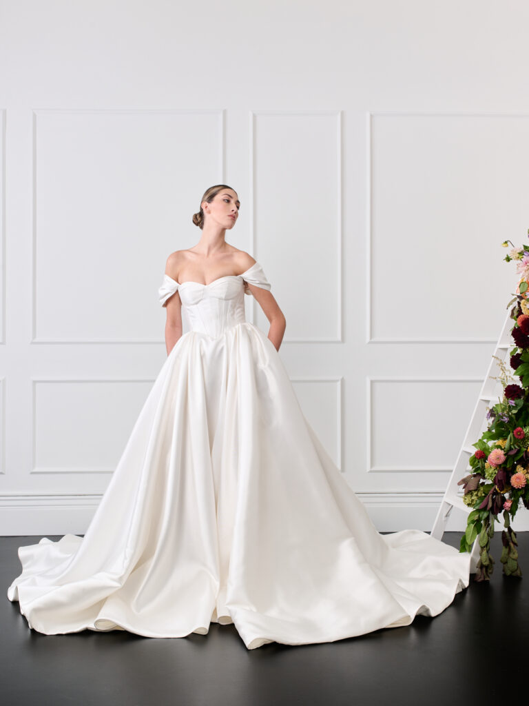 Off shoulder strapless basque waist mikado wedding dress, 2026 wedding gown