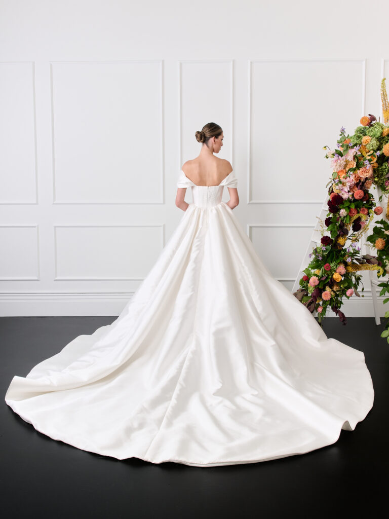 Off shoulder strapless basque waist mikado wedding dress, 2026 wedding gown