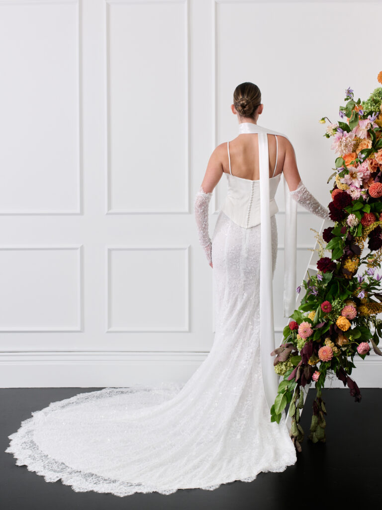 Silk corset strapless with spaghetti wedding dress beaded fit and flare skirt, fit and flare two pieces wedding dress
