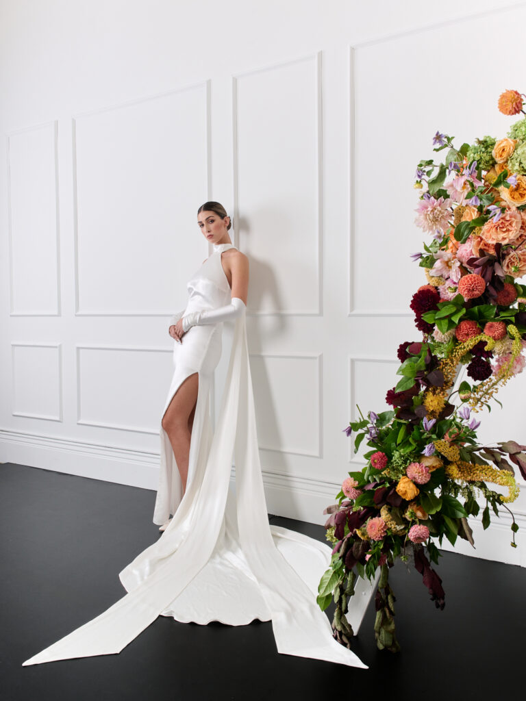 Silky sleek halter wedding dress with scarf and detachable sleeves gloves, sleek fitted silk wedding dress