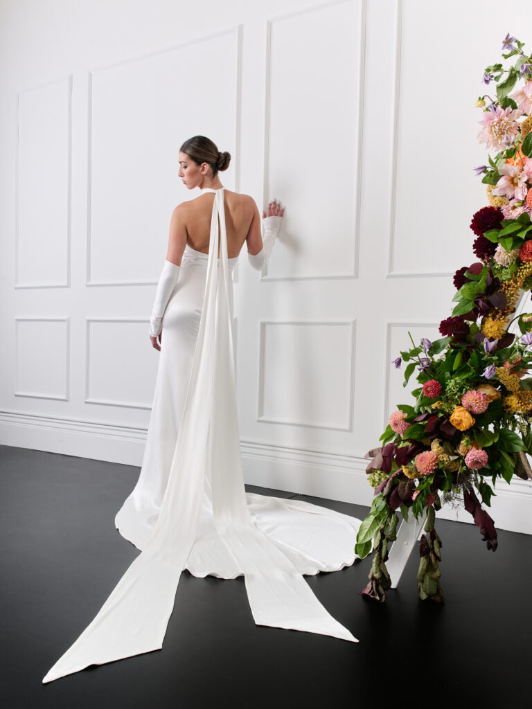 Silky sleek halter wedding dress with scarf and detachable sleeves gloves, sleek fitted silk wedding dress
