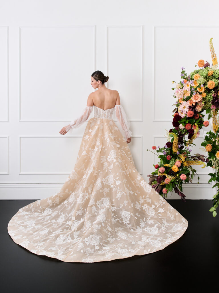 Floral lace strapless tan tulle wedding dress