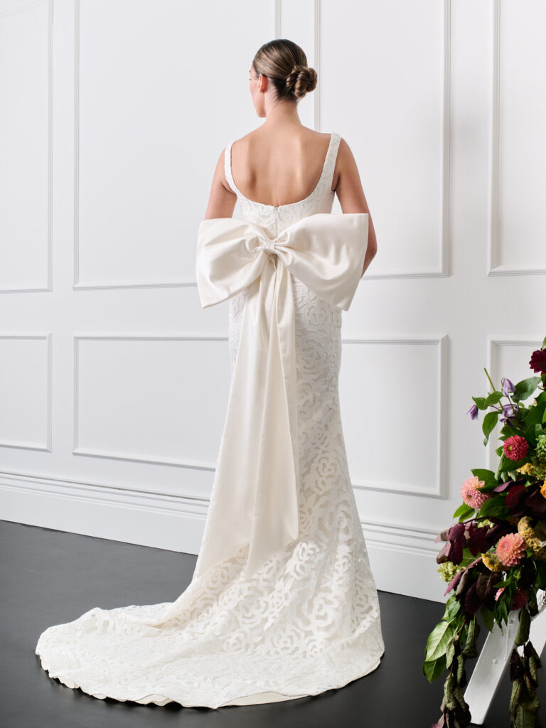 Floral Lace fit & flare scooped neckline wedding dress with a bow, wedding dress with bow