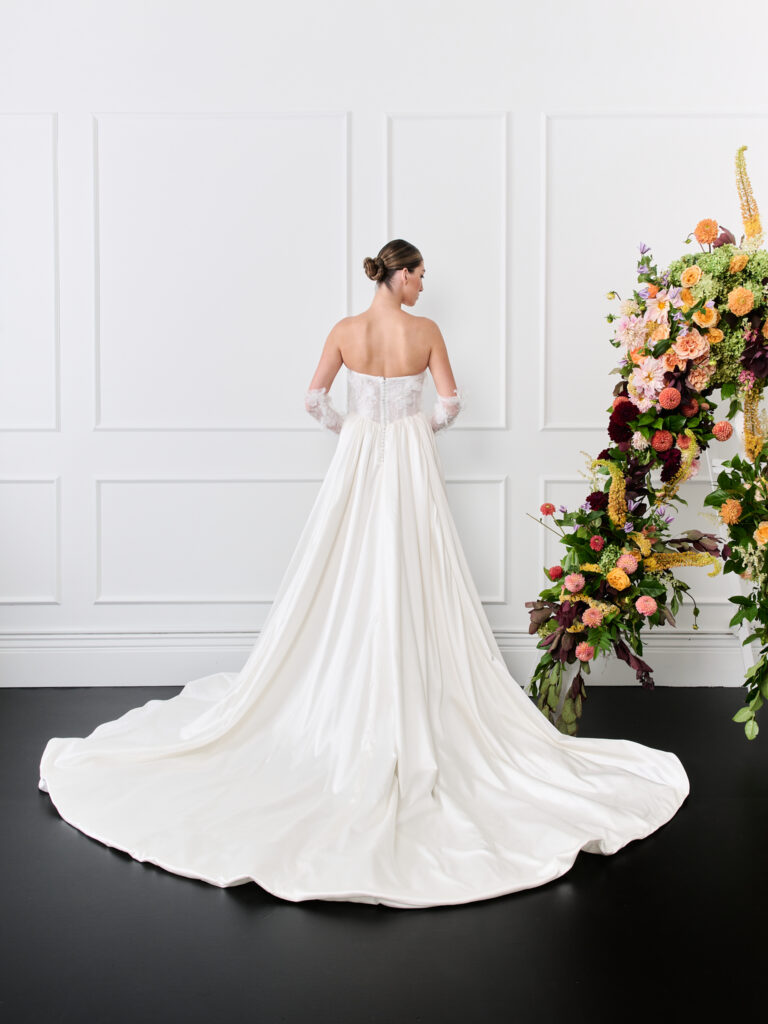 Strapless 3d floral and satin wedding dress with slit, pockets and detachable sleeves