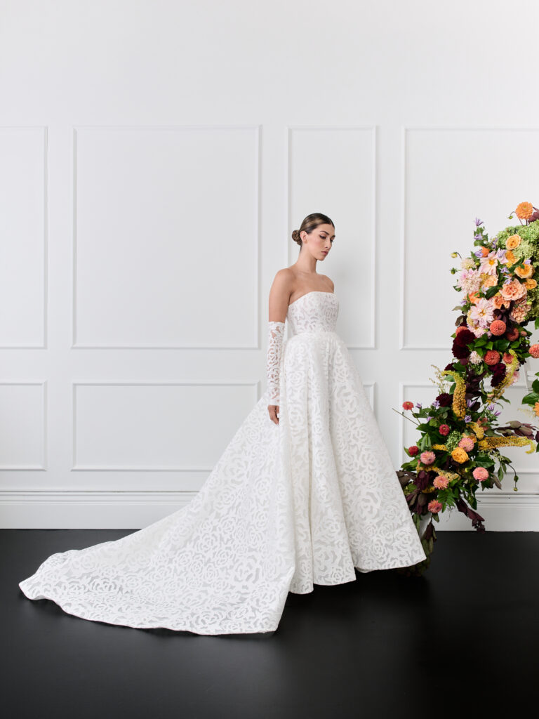 Floral Lace A line strapless wedding dress with detachable sleeves, 2026 wedding dress Guillermo Pharis
