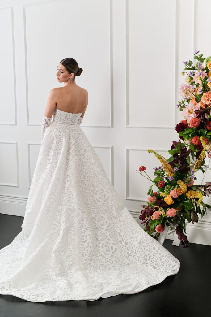 Floral Lace A line strapless wedding dress with detachable sleeves, 2026 wedding dress Guillermo Pharis