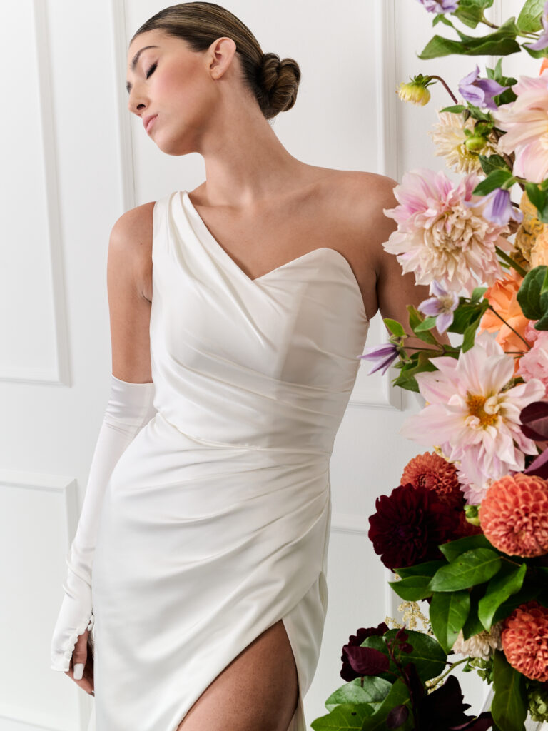 Fit & Flare Silk One shoulder draped wedding dress with slit, 2026 silk wedding dress