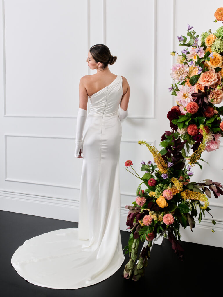 Fit & Flare Silk One shoulder draped wedding dress with slit, 2026 silk wedding dress