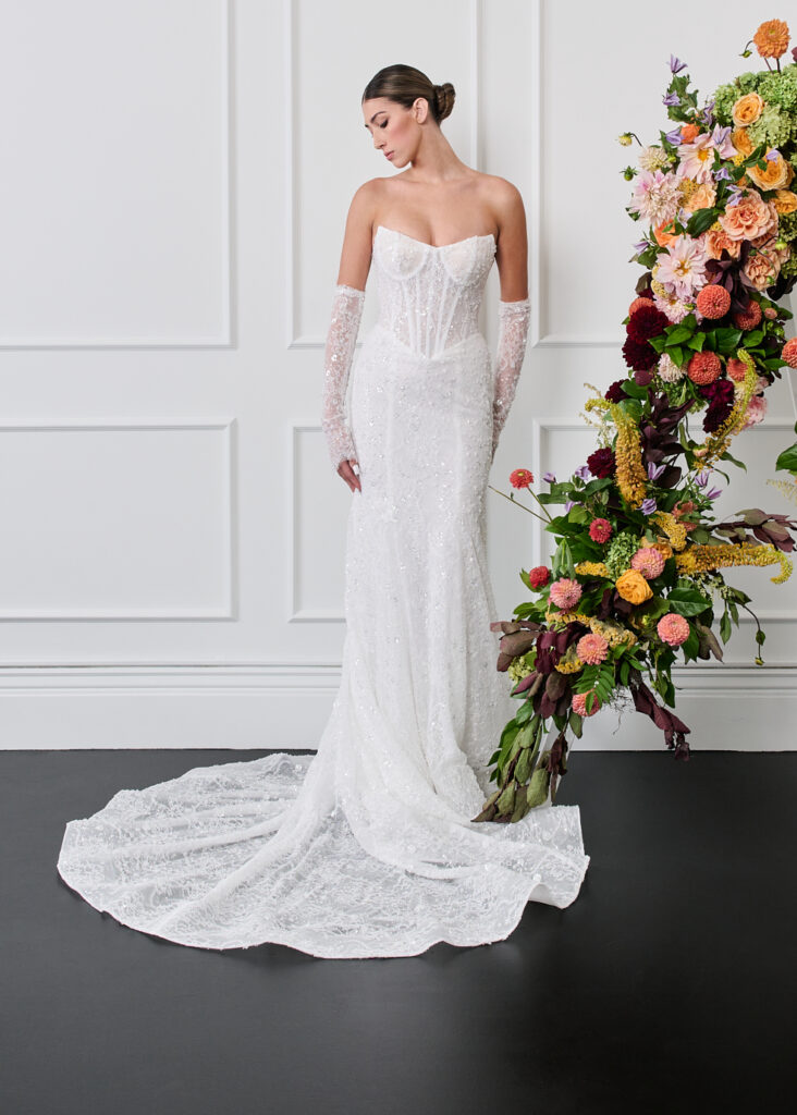 beaded Lace strapless fit & flare wedding dress wit detachable sleeves, 2026 wedding dress
