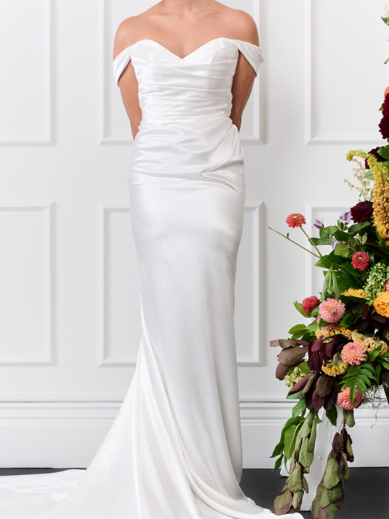 Silky fit & flare strapless wedding dress with scarf, 2026 wedding dresses