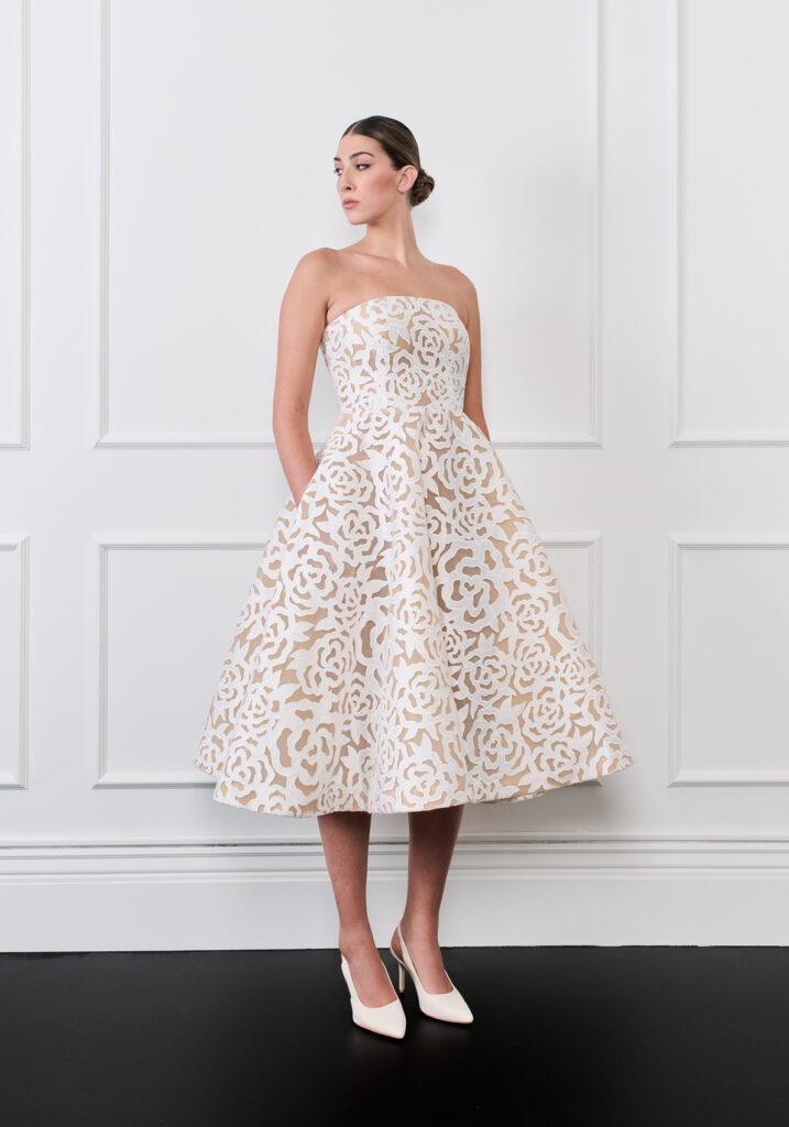 Floral Nude & white Lace Tea Length strapless wedding dress