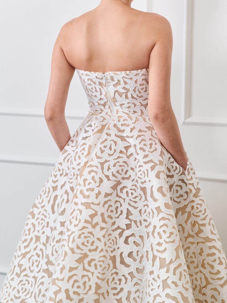 Floral Nude & white Lace Tea Length strapless wedding dress
