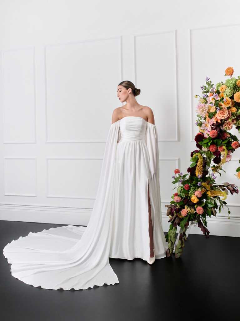 Silk Chiffon Strapless wedding dress with cape, 2026 wedding dress