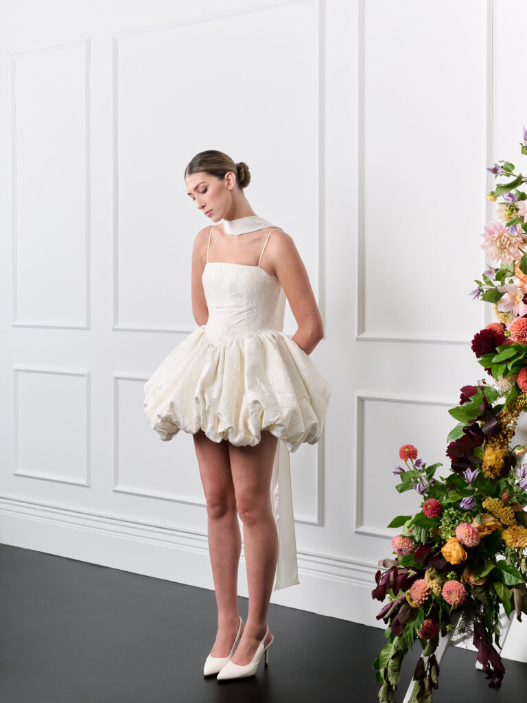 Strapless Bubble hem Ivory short mini wedding dress with scarf and spaghetti straps
