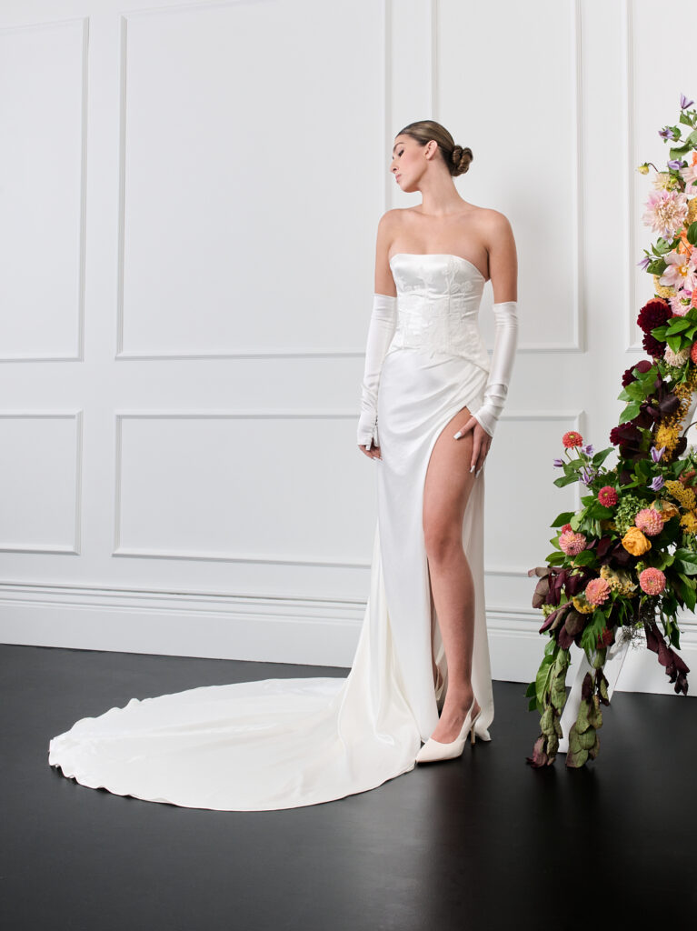 Silky Corset strapless wedding dress with opening leg draped skirt and stunning train, 2026 wedding dresses