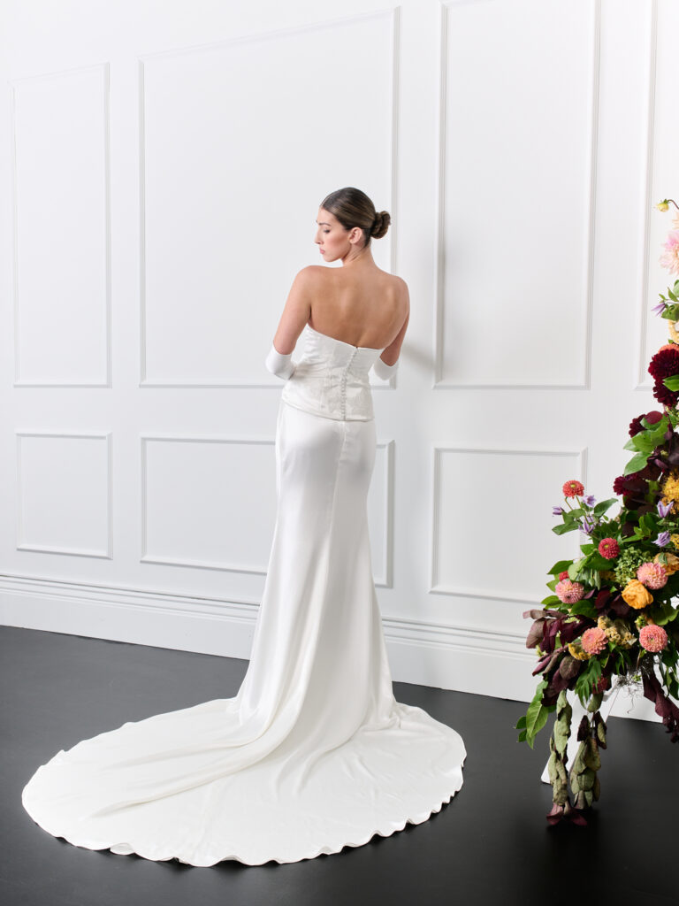 Silky Corset strapless wedding dress with opening leg draped skirt and stunning train, 2026 wedding dresses
