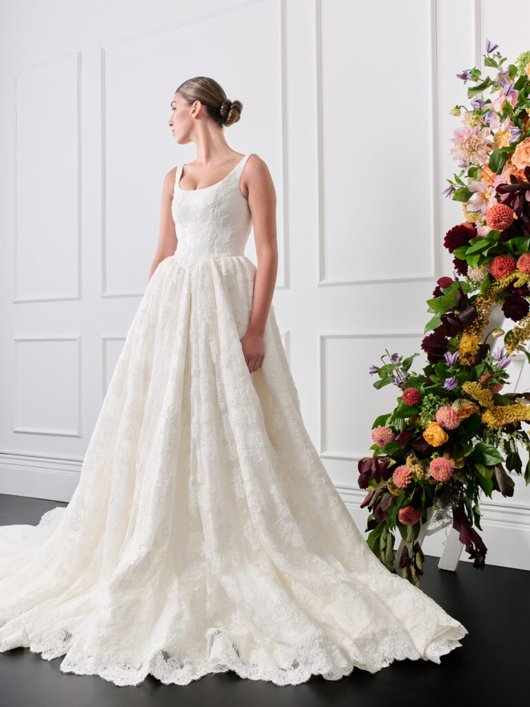 Scooped neckline corded alencon lace with straps and scooped back ball gown 2026 wedding dress