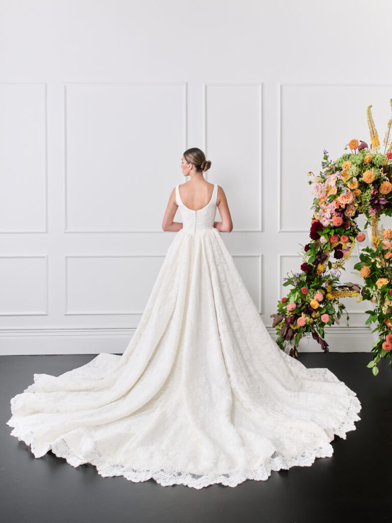 Scooped neckline corded alencon lace with straps and scooped back ball gown 2026 wedding
