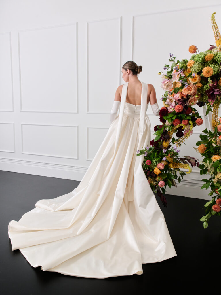 Ivory silky Duchess satin basque waist strapless wedding dress wedding gown with detachable sleeves and scarf