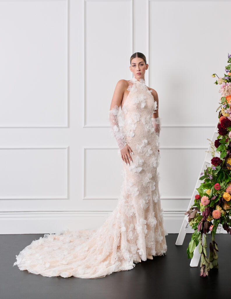 3D Floral flowers halter apricot low back wedding dress 2026 wedding dresses