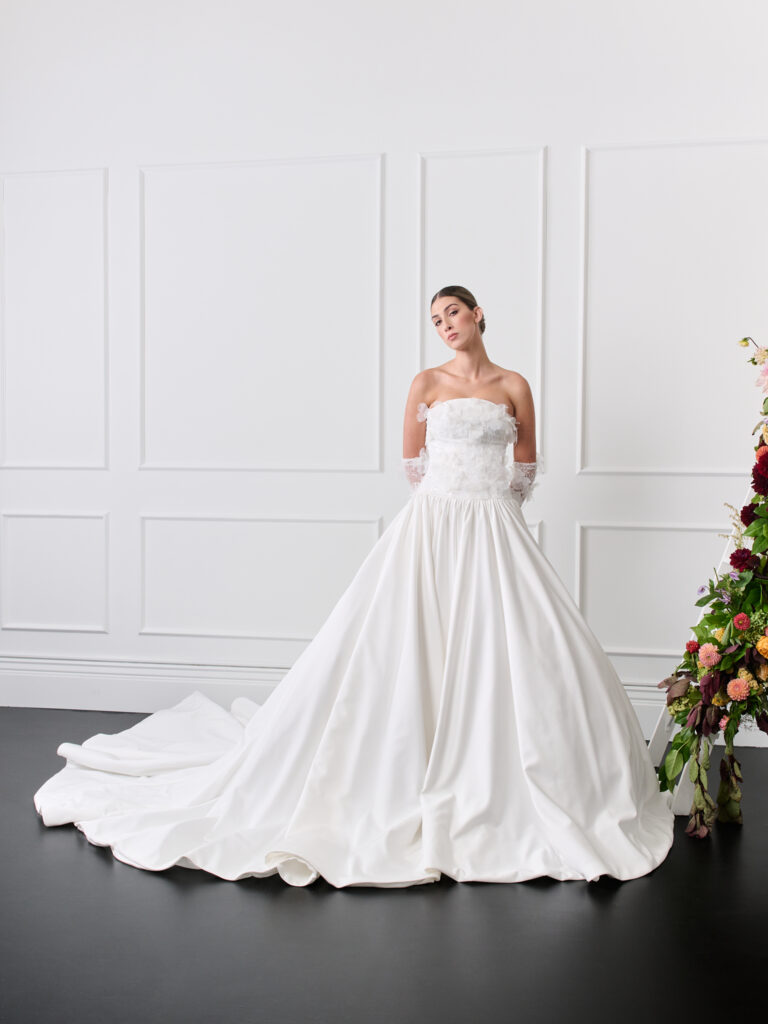 drop waist wedding dress Guillermo Pharis wedding dress satin strapless drop waist wedding dress