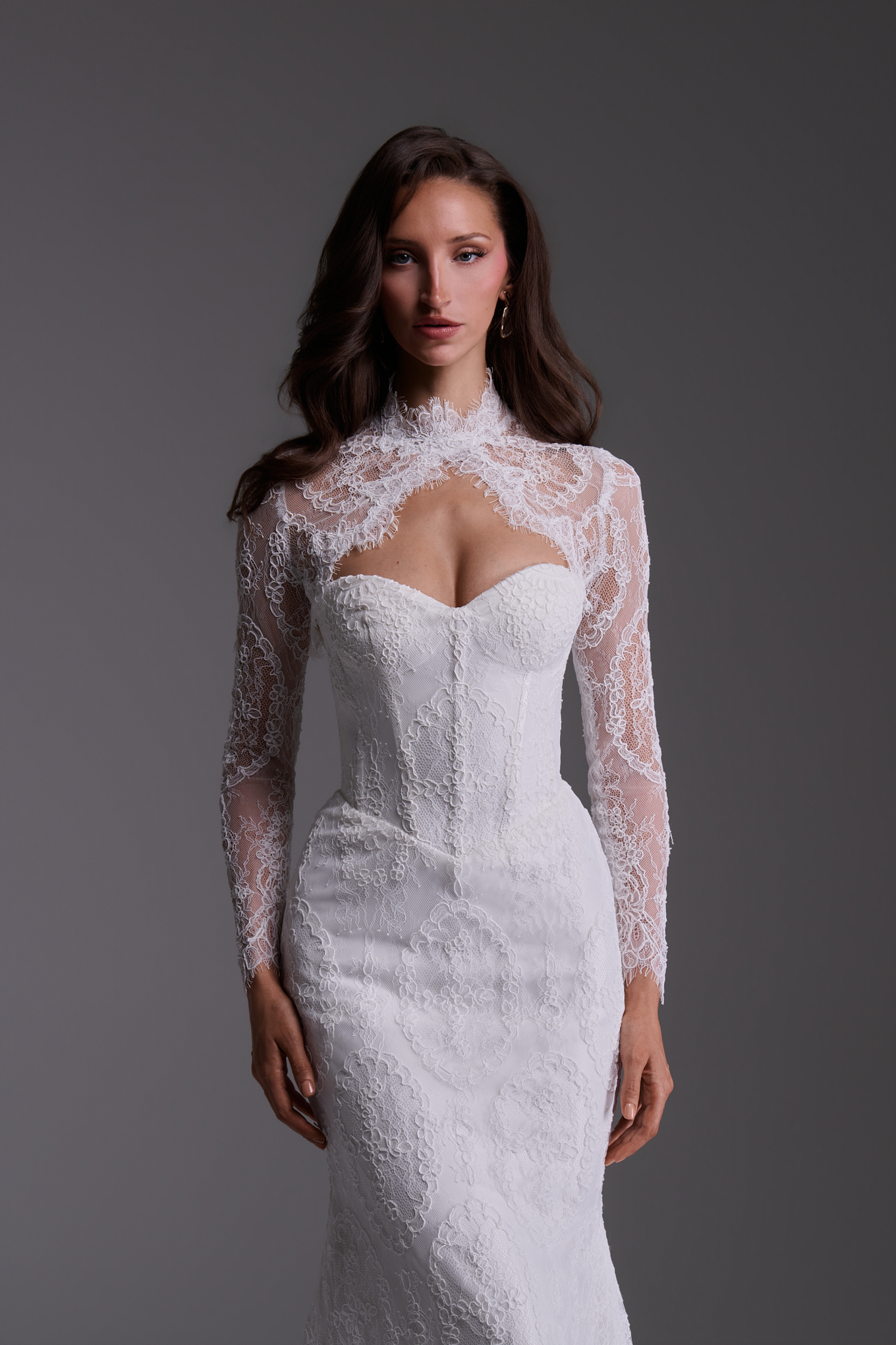 Blanche corded lace wedding dress with sweetheart bodice and matching high-neck lace topper
